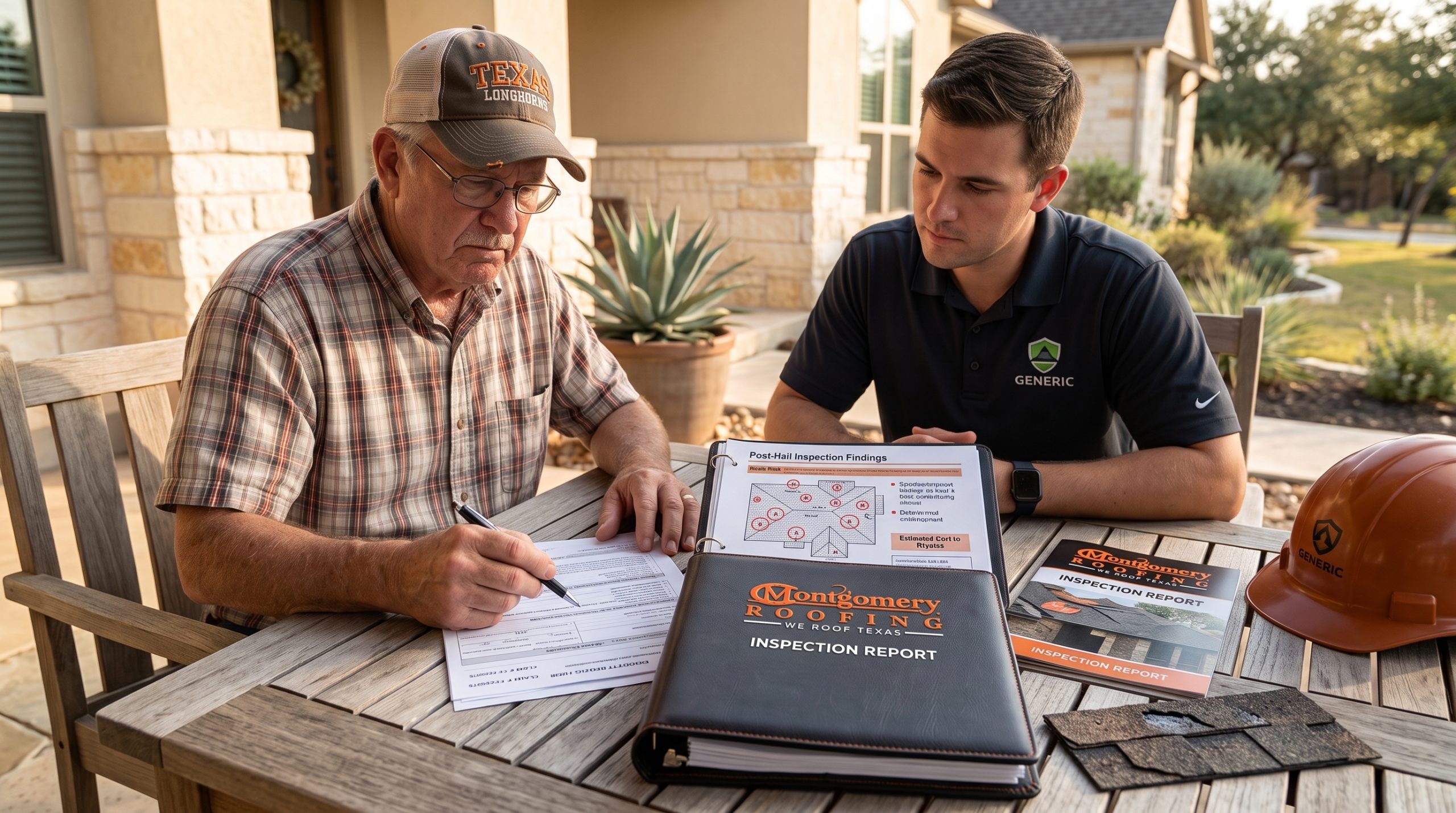 Central Texas homeowner reviewing a hail damage insurance claim with a Montgomery Roofing inspection report.